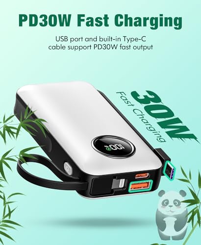 LOVELEDI Power Bank, Portable Charger, 15000mAh PD 30W Fast Charging, Built in Type-C and iOS Output Cables Equipped with LED Display for iPhone Series and Android Phones and Most Electronic Devices