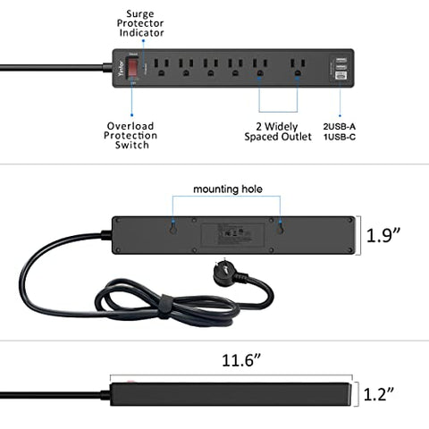 6Ft Power Strip Surge Protector - Yintar Extension Cord with 6 AC Outlets and 3 USB Ports for for Home, Office, Dorm Essentials, 1680 Joules, ETL Listed, (Black)