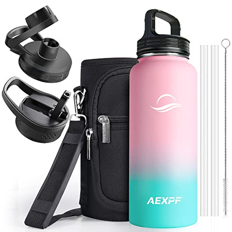 AEXPF 32 oz Insulated Water Bottle for Women, Stainless Steel Vacuum Double Walled Metal Sports Water Bottle with Straw, Reusable Wide Mouth Travel Thermo Water Mug for Gym Camping, Bubble Gum
