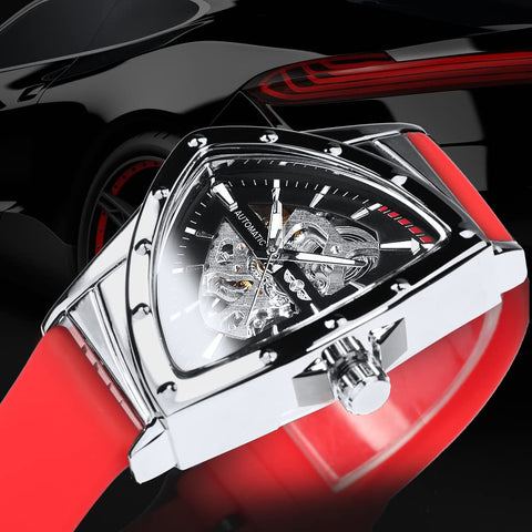Caluxe Men's Triangle Skeleton Automatic Mechanical Watches - for Men Self Winding Wrist Watch Rubber Strap with Extra Black Strap Gift Set